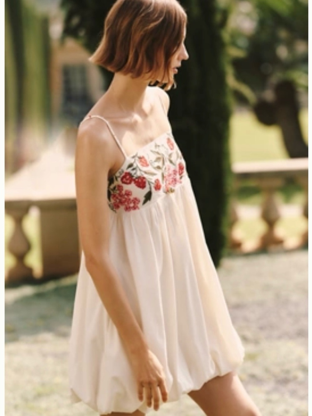 NWT Anthropologie Cream Spaghetti-Strap Mini Dress with Red Floral Embroidery